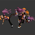 Animated Game Character Scene With Orange Hair Black And Orange Outfits Purple Ink Splashes