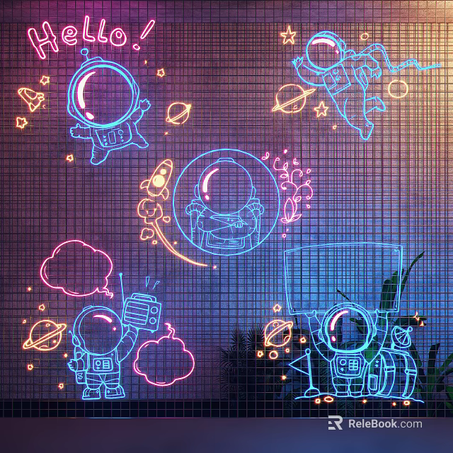 Neon Style Decorative Lights With Astronauts Planets Rocket And Clouds Design 3d model