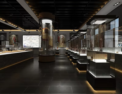 Cultural Center Interior Design With Exhibits Arrangement Glass Display Cases And Central Cylindrical Structure 3d model