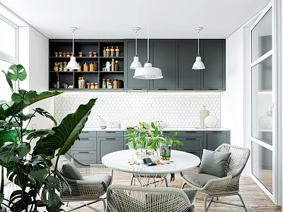 Modern Kitchen Interior With Gray Cabinets White Tile Backsplash Round Dining Table And Green Plants 3d model