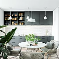 Modern Kitchen Interior With Gray Cabinets White Tile Backsplash Round Dining Table And Green Plants