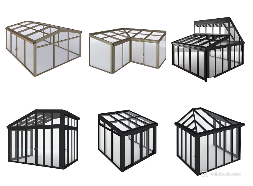 Various Glass House Models With Different Roof Structures And Black White Frames 3d model