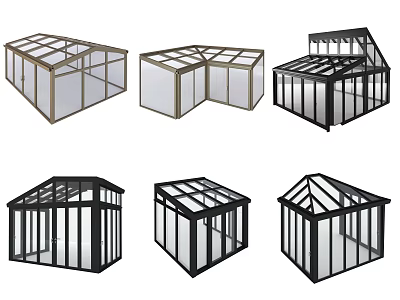 Various Glass House Models With Different Roof Structures And Black White Frames 3d model