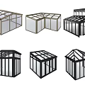 Various Glass House Models With Different Roof Structures And Black White Frames 3d model