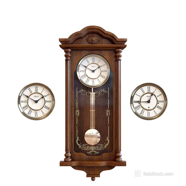 Wooden Grandfather Clock With Roman Numerals And Ornate Carvings Plus Small Wall Clocks 3d model 