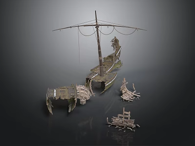 Ancient Wooden Water Vessel Wreckage With Broken Structure And Debris 3d model