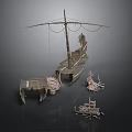 Ancient Wooden Water Vessel Wreckage With Broken Structure And Debris