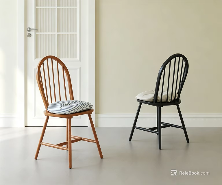 Modern Wooden Dining Chairs with Brown Black Slat Back and Striped Cushion 3d model 