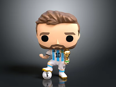 Man in Blue White Striped Number 10 Football Jersey Holding Trophy Standing on Soccer Ball 3d model