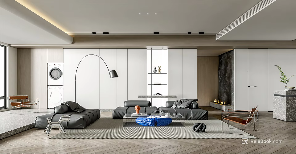 Modern Living Room Interior Design With Grey Sofa Coffee Table Floor Lamp And Rug 3d model 