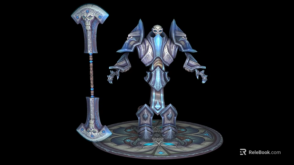 Mythical Skeleton Creature In Blue Silver Armor Holding Giant Axe On Ornate Base 3d model 