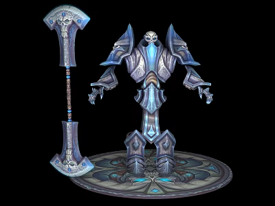 Mythical Skeleton Creature In Blue Silver Armor Holding Giant Axe On Ornate Base 3d model