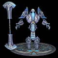 Mythical Skeleton Creature In Blue Silver Armor Holding Giant Axe On Ornate Base