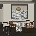 Modern Restaurant Interior With Marble Dining Table Gold Pendant Light And Open Shelves