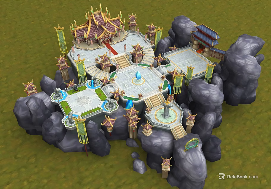 Cartoon Scenic Landscape With Traditional Temple Buildings Surrounding Rocks Central Fountain And Stone Stairs 3d model 
