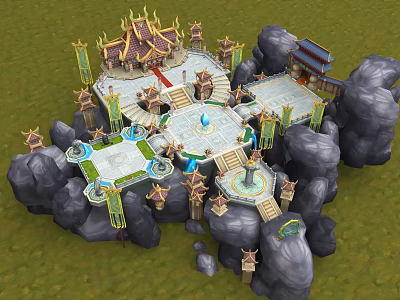 Cartoon Scenic Landscape With Traditional Temple Buildings Surrounding Rocks Central Fountain And Stone Stairs 3d model