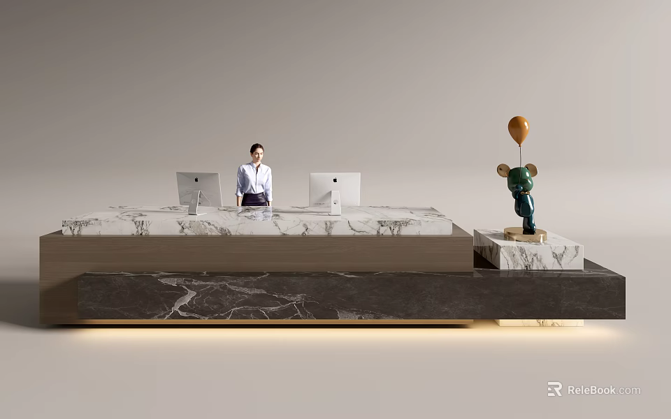 Modern Marble Reception Desk With Receptionist Computers And Green Cartoon Statue 3d model 