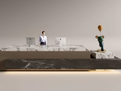 Modern Marble Reception Desk With Receptionist Computers And Green Cartoon Statue 3d model