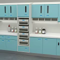 Blue And White Medical Cabinets With Mobile Cart In Clinical Setting