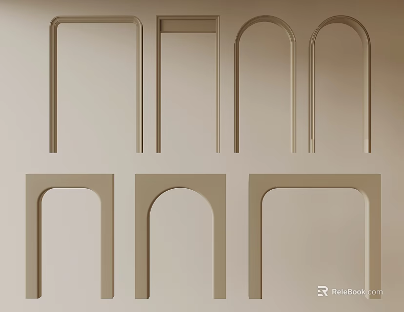 Different Beige Door Frames With Arch And Rectangular Designs For Interior 3d model 