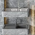 Stainless Steel Kitchen Sinks Mounted on Gray Marble Walls with Modern Faucets