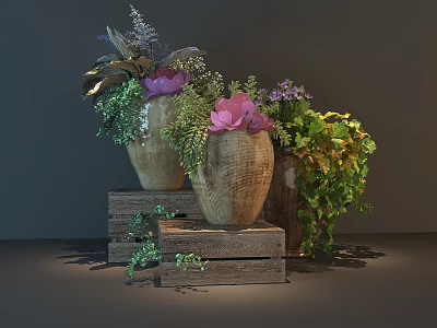 Bonsai Potted Plants With Various Flowers And Green Leaves On Wooden Crates 3d model