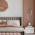 Modern Bedroom Interior With Gray Headboard Circular Wall Decor Nightstands And Hoop Pendant Lights