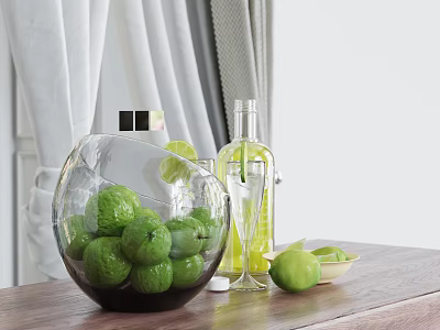 Spherical Glass Bowl With Green Limes And Transparent Wine Bottle On Wooden Table Curtain Background 3d model