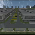 Aerial View Planning of Industrial Park with Green Roofs and Neatly Arranged Buildings