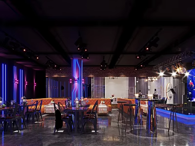 Stylish Bar Interior With Colorful Lighting High Tables And Comfortable Chairs 3d model