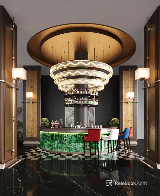 Hotel Lobby Interior With Elegant Chandelier Green Bar Colored Chairs And Checkerboard Floor 3d model 