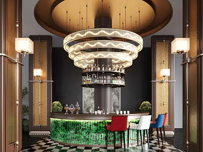 Hotel Lobby Interior With Elegant Chandelier Green Bar Colored Chairs And Checkerboard Floor 3d model