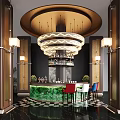 Hotel Lobby Interior With Elegant Chandelier Green Bar Colored Chairs And Checkerboard Floor