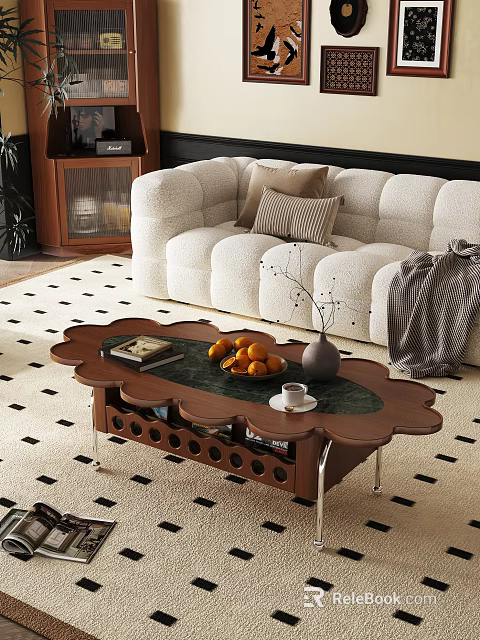 Modern Living Room Interior With Beige Sofa Wooden Coffee Table And Black White Rug 3d model 