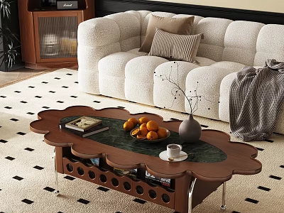 Modern Living Room Interior With Beige Sofa Wooden Coffee Table And Black White Rug 3d model