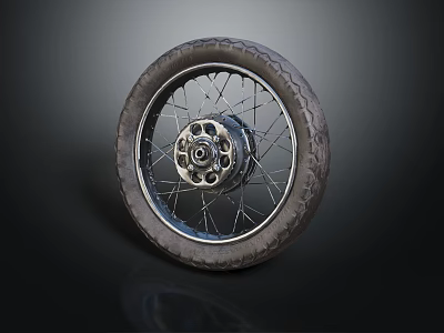 Motorcycle Tire With Metallic Spokes Wheel Rim And Tread Pattern Design 3d model