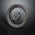Motorcycle Tire With Metallic Spokes Wheel Rim And Tread Pattern Design