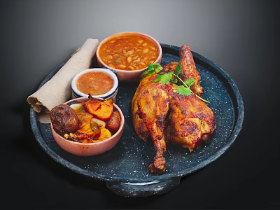 Roasted Chicken Leg with Roasted Vegetables Beans Sauces and Napkin on Tray 3d model