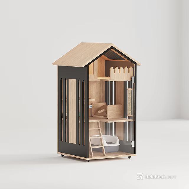 Wooden Pet Cabinet Featuring House Shaped Roof And Multi Tiered Storage Shelves 3d model 