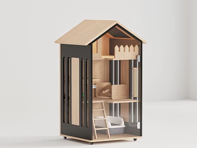 Wooden Pet Cabinet Featuring House Shaped Roof And Multi Tiered Storage Shelves 3d model