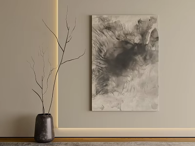 Abstract Painting On Beige Wall With Black Vase And Bare Branches In Minimalist Room 3d model