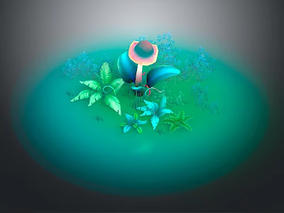 Mushroom Shaped Plant Surrounded by Green Leaves and Blue Flowers in Green Circular Area 3d model