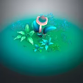 Mushroom Shaped Plant Surrounded by Green Leaves and Blue Flowers in Green Circular Area