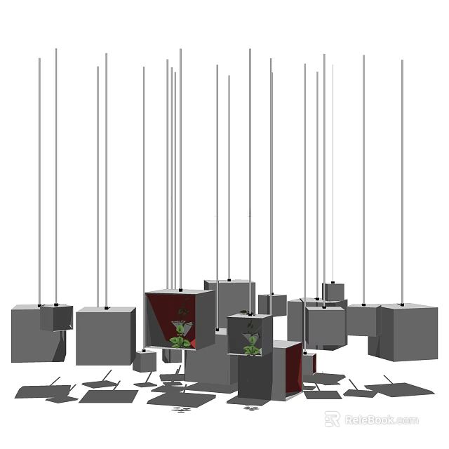 Modern Cube Shaped Chandeliers With Small Plants Inside Hanging In Interior 3d model