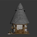 Cartoon Style Cottage With Pointed Gray Roof Small Tower Round Window And Wooden Porch