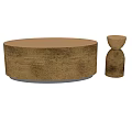 Elegant Modern Round Dining Table With Golden Metallic Surface And Decorative Bowls