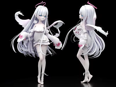 Anime Style Game Movie Character Figure With Long White Hair Blue Eyes And Wings 3d model