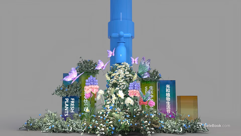 Floral Installation with Blue Pillar Purple Butterflies and Purple White Blooms for Event Decoration 3d model 