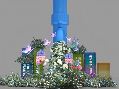 Floral Installation with Blue Pillar Purple Butterflies and Purple White Blooms for Event Decoration 3d model