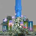 Floral Installation with Blue Pillar Purple Butterflies and Purple White Blooms for Event Decoration